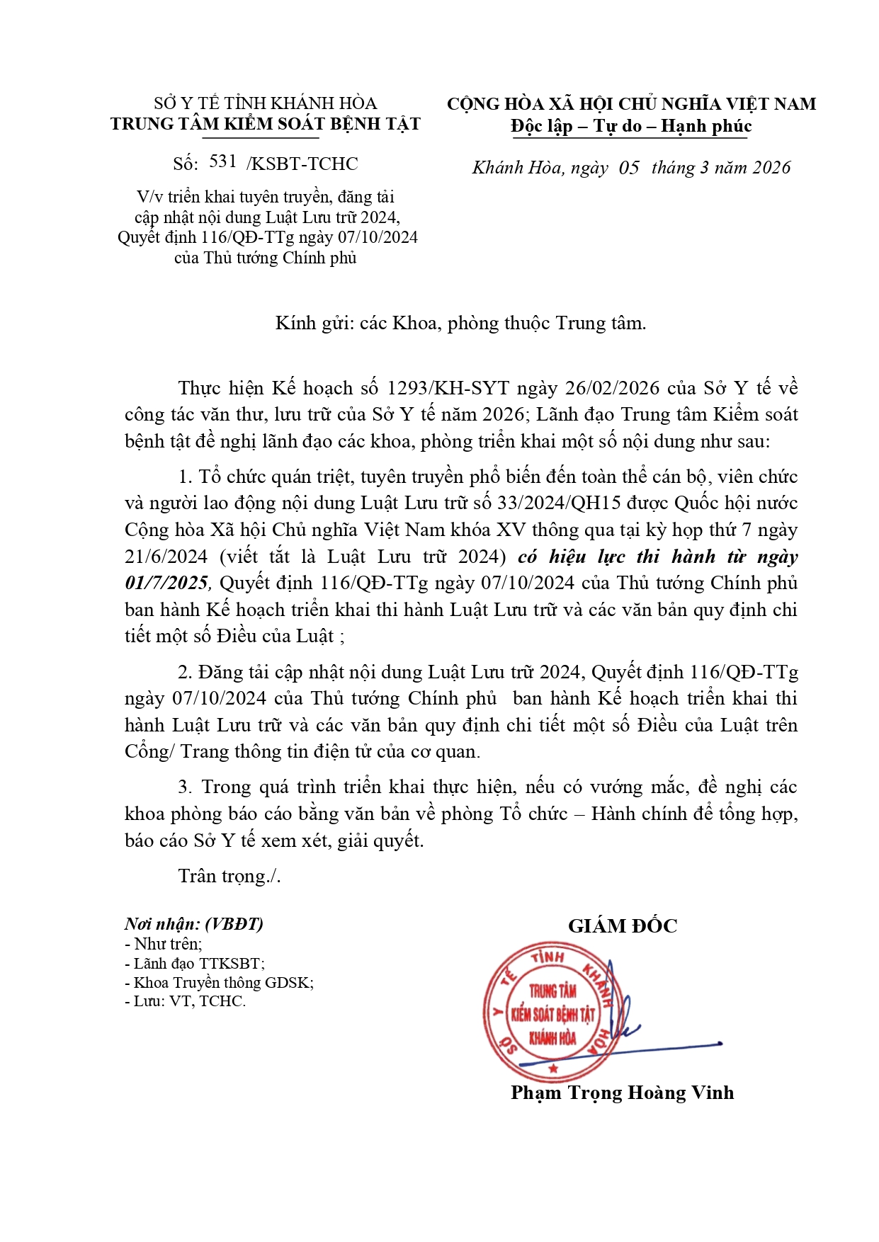 V/v triển khai tuyên truyền, đăng tải cập nhật nội dung Luật Lưu trữ 2024, Quyết định 116/QĐ-TTg ngày 07/10/2024 của Thủ tướng Chính phủ